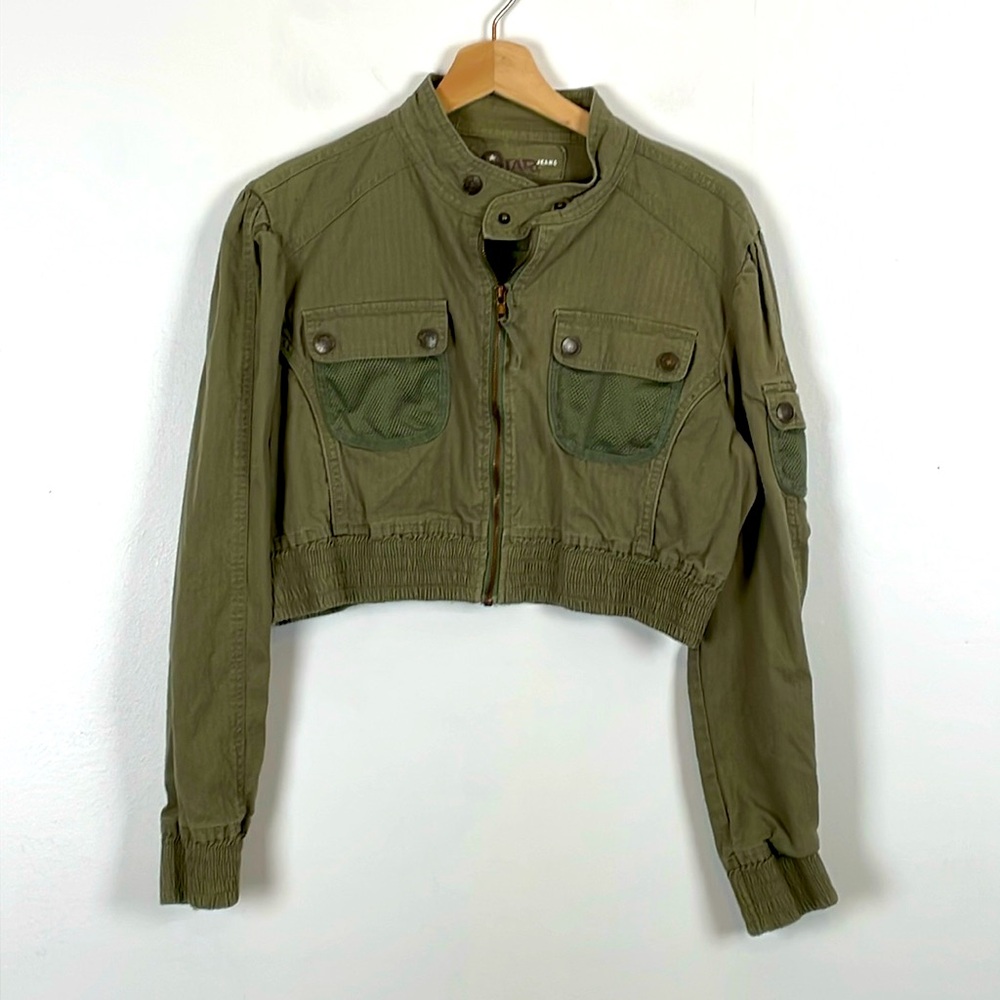 Star Jeans Cropped Zip Clousure 2 Snap Pockets Elastic Army Green Womens X Large